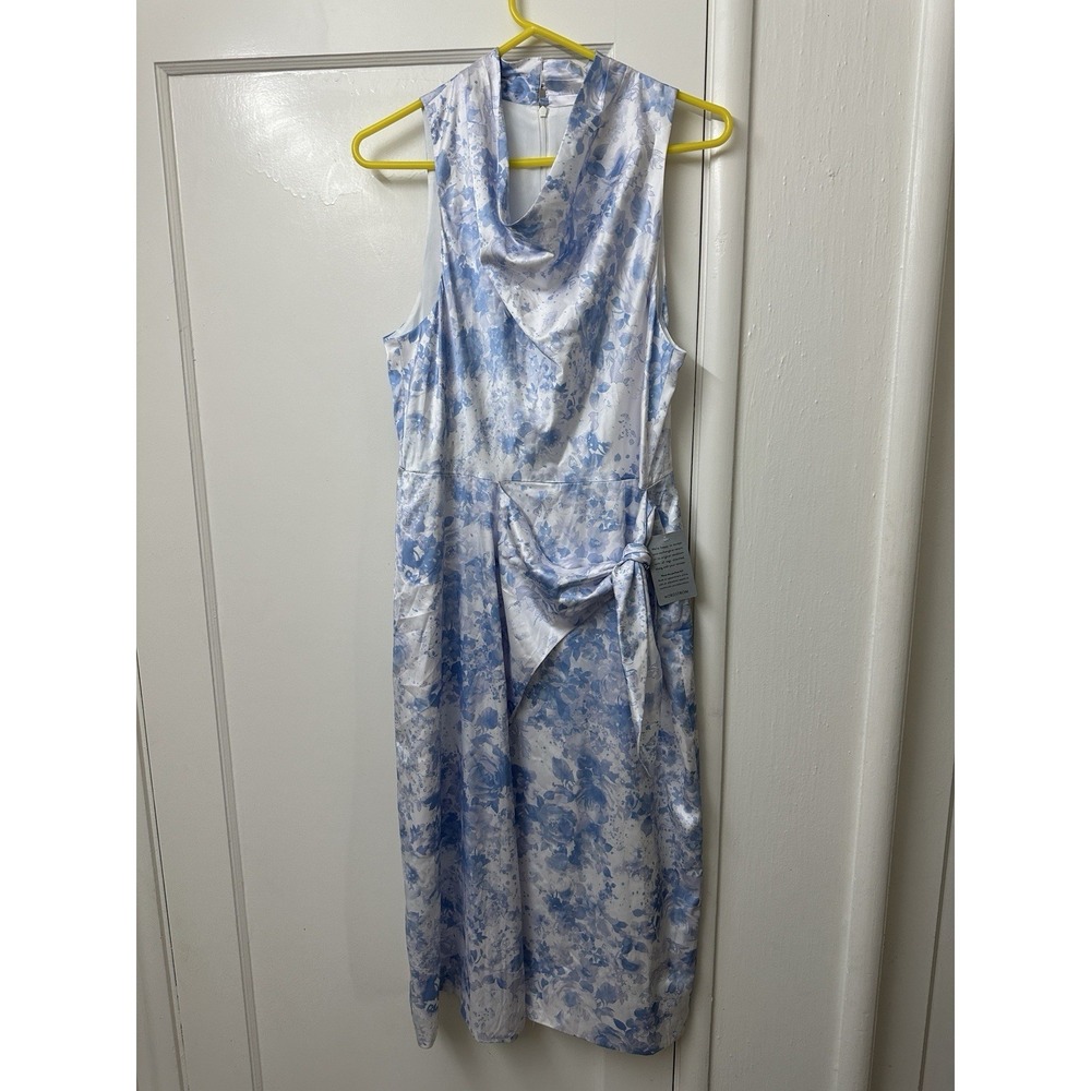 WAYF Faux Wrap Dress Powder Blue Mock Neck Silky L Midi Wedding Guest Sleeveless
